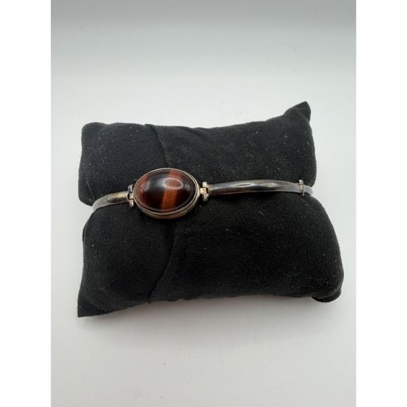 Vintage Sterling Silver Tiger's Eye Oval Cabochon Hinged Bangle Chain Bracelet - Picture 5 of 12